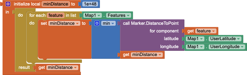 Example code to determine the distance to the nearest Marker on a Map given the user's current location